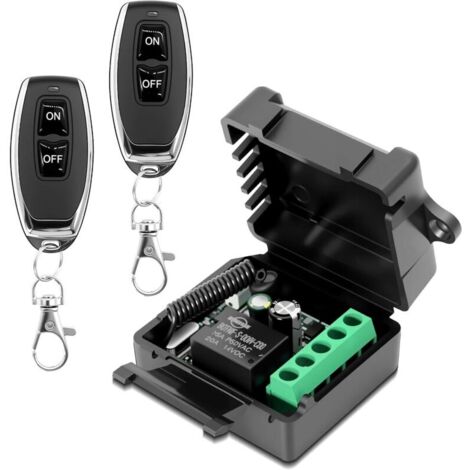 Télécommande sans fil 220 V 230 V Relais Récepteur avec 2 émetteurs porte-clés, 1 canal RF Commande radio Contacts libres de potentiel, contrôleur de relais sans fil pour lampes, portes, portes de