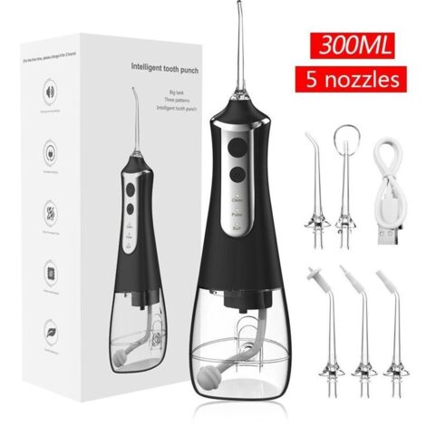 Hydropulseur buccal portable, sans fil et rechargeable, avec 5 modes, 5 embouts, capacité de 300 ml, étanche (IPX7) pour la maison et les voyages