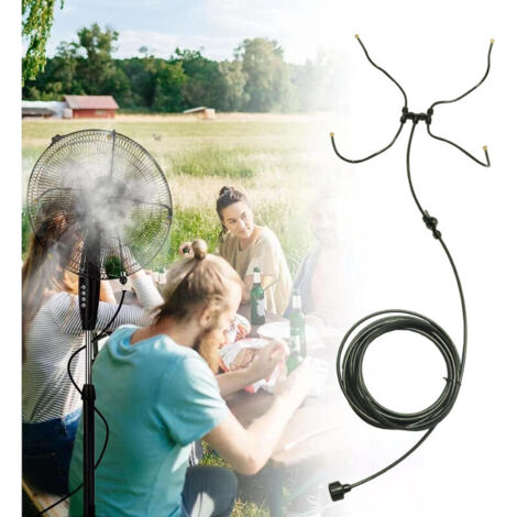 Atomiseurs à ventilateur pour le rafraîchissement extérieur, pulvérisateurs avec tuyau de brumisation de 6 m, kits de brumisation avec 4 buses en laiton rotatives à 360°, générateur de brouillard (1/2)