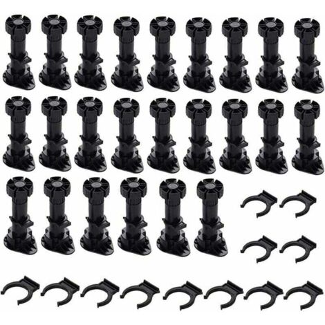Lot de 24 pieds de meubles réglables en plastique noir épais avec clip de fixation pour armoires de cuisine ou de salle de bain, penderies et canapés (120-150 mm) (1/4)