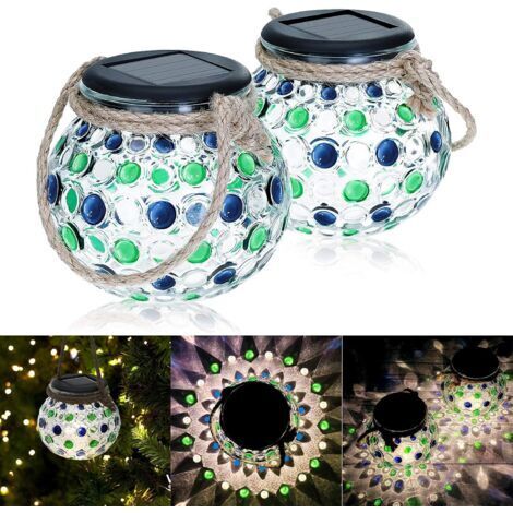 Lanterne Solaire Extérieur, 2 Pièces Lampe Solaire en Verre LED Boule Lumières Solaire en Pot Mason IP44 Etanche Lampe de Jardin Lampe Suspendue Pot Lumière à l'extérieur décorative (1/5)