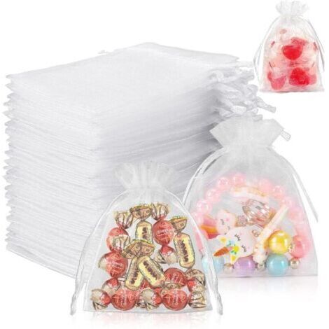 Lot de 60 petits sachets en organza à remplir - 7 x 9 cm - Pour cadeau de mariage - Blanc (1/4)