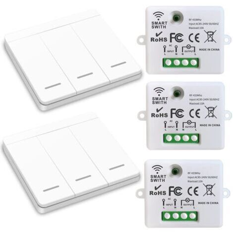 Interrupteur d'éclairage sans fil, interrupteur de sécurité de l'émetteur RF et contrôleur de récepteur 10A, installation facile pour lampe jusqu'à 1500W(3 récepteurs et 2 commutateurs)