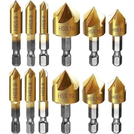 fraise à chanfreiner metal Fiyuer 12 Pcs queue hexagonale poinçon de centrage automatique forets à chanfreiner pour phanfreiner Évier à Fraise Conique 6mm 8mm 9mm 12mm 16mm 19mm (1/4)