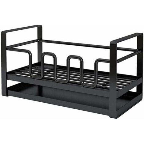 Organisateur de rangement pour évier de cuisine, porte-éponge, rangement pour brosses de nettoyage, porte-savon, égouttoir avec bac de récupération, multifonctionnel, noir (1/5)