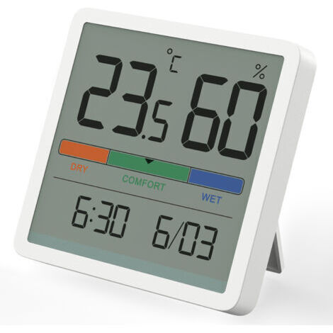 Hygromètre-thermomètre d'intérieur, thermomètre de table numérique avec affichage précis de la température et de l'humidité, thermomètre d'ambiance avec affichage précis de l'humidité et horloge (blan (1/4)