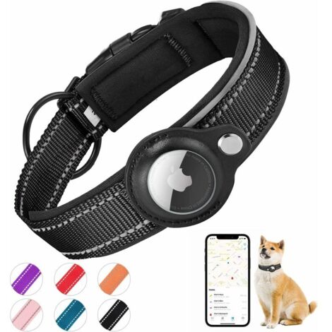 Collier Chien Rembourré pour AirTag, Collier pour Chien Réfléchissant Airtag Apple, Air Tag Intégré pour Petits, Moyens, Grands Chiens, [Noir - Taille L]