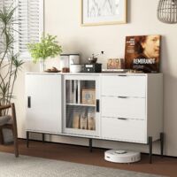 Buffet Moderne en Bois - Bahut Multifonction avec 3 Tiroirs et 2 Portes en Verre pour Cuisine et Salle à Manger, Spanplatte, 155 x 40 x 91,5 cm, Blanc