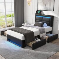Lit coffre 140 x 190 cm – Lit double rembourré avec éclairage LED, port USB et chargeur sans fil – Cadre à lattes et coffre de rangement hydraulique, similicuir gris, sans matelas