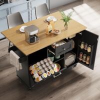 Îlot de Cuisine - avec Plan de Travail Extensible et Rangement pour Vaisselle, Roues Mobiles, Métal et MDF 134x75,4x89 cm, Noir