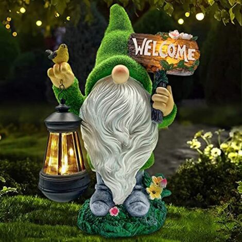 Grande statue de nain de jardin en résine floquée avec lampe solaire tenant une lanterne de bienvenue, décoration de jardin, sculpture naine pour extérieur, terrasse, porche, pelouse