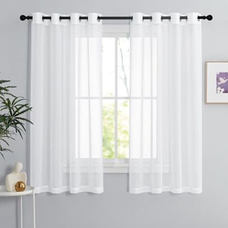 Rideau Blanc - Voilage Lot de 2 Rideaux Lin Naturel Effet 140 x 160 Décoration Maison Chambre & Hôtel pour Petites Fenêtres Draperies Souple à Oeillet Romantique