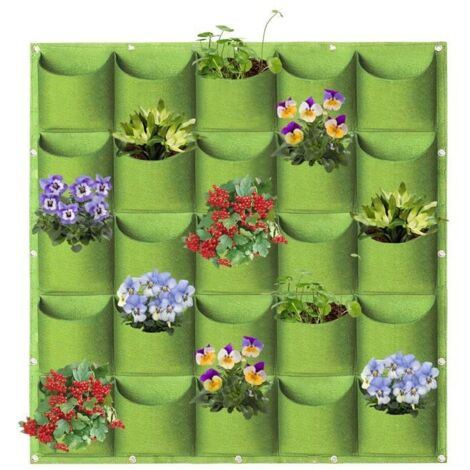 Sacs de plantation suspendus, 25 poches, fixation murale verticale, pour jardinage et rangement, 1m x 1m, couleur verte. (1/5)