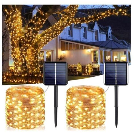 Lot de 2 guirlandes solaires extérieures 12 m, 100 LED, résistantes aux intempéries IP65, fil de cuivre, avec 8 modes pour Noël. (1/5)