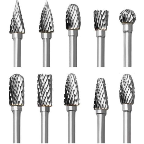 Jeu de 10 fraises rotatives en carbure à double coupe pour Dremel, accessoires avec tige pour sculpture sur bois. (1/4)