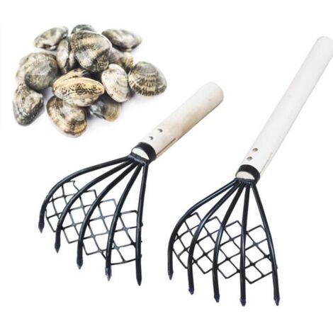 Lot de 2 râteaux à palourdes en acier, manche en bois, avec pochette en maille. Idéal pour la pêche aux coquillages. (1/4)