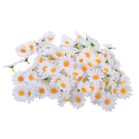 Lot de 100 fleurs artificielles, marguerites en textile, 4 cm, blanc, avec étiquette. (1/3)