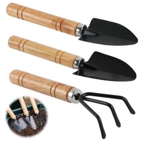 Outils de jardinage manuels - Kit de 3 pièces - Manche en bois - Métal résistant - Léger et portable (1/4)