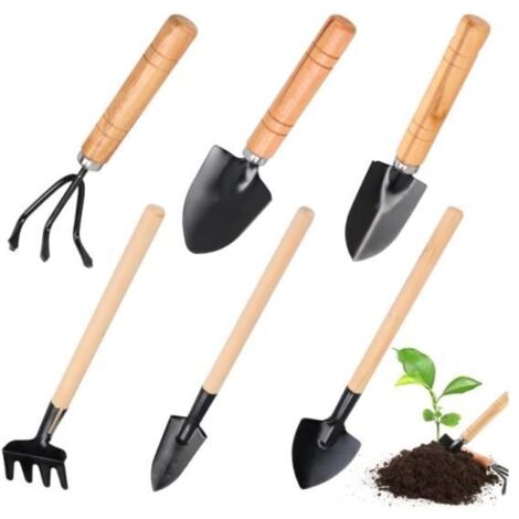 Kit d'outils de jardinage en acier inoxydable à manche en bois - 6 pièces (1/4)