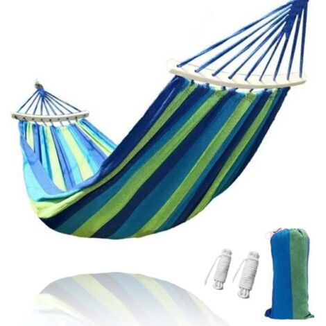 Hamac Confortable pour une Personne - Toile Rayée Bleue - Idéal pour Camping, Randonnée, Voyage et Plage (1/4)