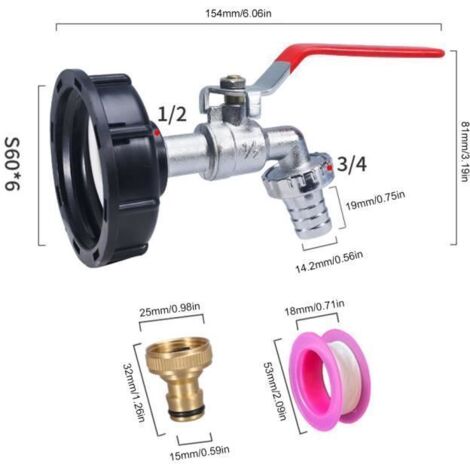 Robinet de cuve IBC 1000L S60X6, adaptateur de vidange pour réservoir, compatible avec robinet de jardin (bec 1/2 en alliage). (1/4)