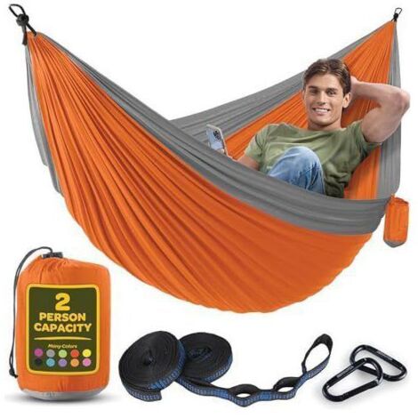 Hamac 2 Places, Pliable, Ultra-Léger et Portable, Capacité 350 kg, Idéal pour Jardin, Camping, Voyage, Gris-Orange (1/5)
