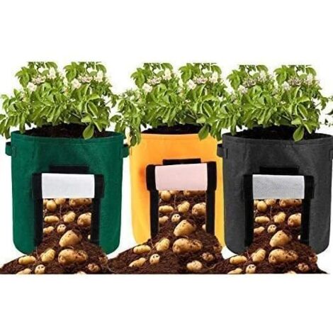 Lot de 3 sacs de plantation pour pommes de terre, en tissu non tissé avec poignées et fenêtre d'observation pour légumes. (1/4)