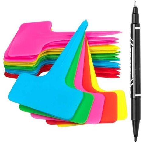 Lot de 100 étiquettes en T pour plantes avec un stylo gel, en plastique imperméable de 5 couleurs pour le jardin. (1/4)