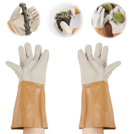 Gants de jardin anti-épines en cuir marron et beige, taille unique, confortables. (1/4)