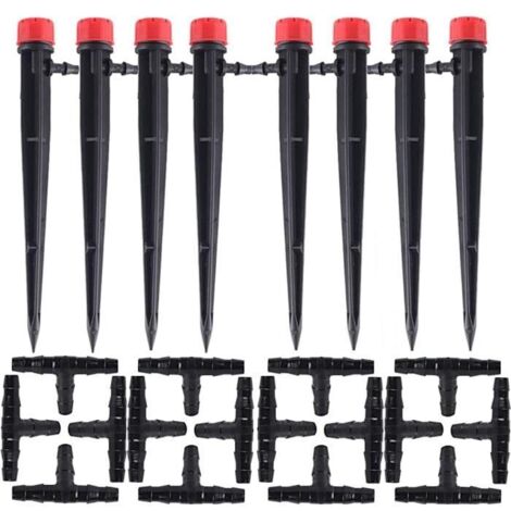 100 pièces Goutteurs d'Irrigation Réglables avec Piquets de Support + Kit de Raccords en T pour Système d'Irrigation Micro Goutte DI (1/4)