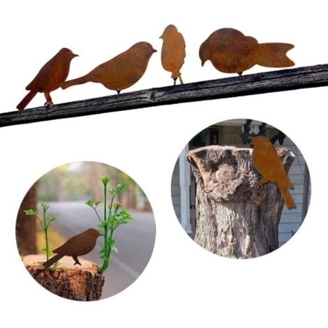 Décoration de jardin - Oiseaux en métal à effet rouille - Lot de 4 pièces - Dimensions variées (1/4)