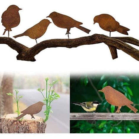 Figurines de jardin - Oiseaux Rouillés - 4 pièces - Fer métallique - Effet patiné - Décoration extérieure (1/4)