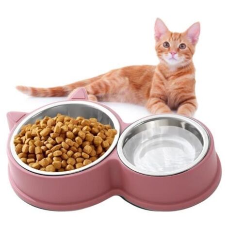 Double Cat Bowl Set, Stainless Steel Cat Food and Water Dishes, (Pink) (1/4)
