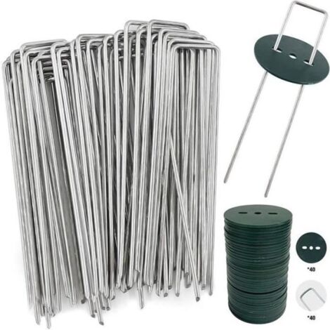 NATTE ANTI-HERBES - TOILE DE PAILLAGE - 40 PIQUETS DE FIXATION AVEC RONDELLES POUR JARDIN (1/4)