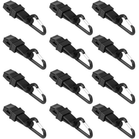Pince à Bâche, 12 pièces avec Mousqueton Noir pour Fixer Bâche, Tente, Toile, Prélart, Piscine, Montagne. Clip d'Attache Idéal pour (1/4)