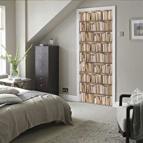 Autocollant de porte en vinyle effet bibliothèque - 77x200cm - Marron (1/4)