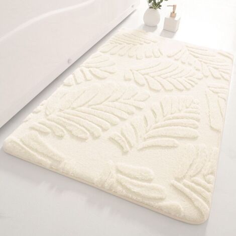 Tapis de bain en peluche absorbante - Motif feuilles - Beige et blanc - 40x60 cm (1/4)