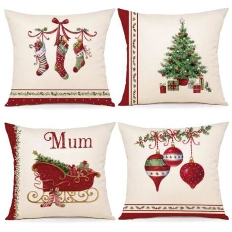 Housse de coussin décorative Noël - Lot de 4 - 45x45 cm - Coton et lin - Fermeture éclair invisible (1/4)