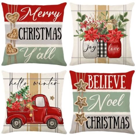 Housse de coussin de Noël - 45x45 cm - 100% Coton Lin - Fermeture invisible - Décorative (1/4)