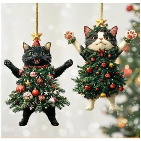 Lot de 2 décorations de Noël en acrylique en forme de chat - Idéal pour décorer votre sapin et votre intérieur pendant les fêtes. (1/5)