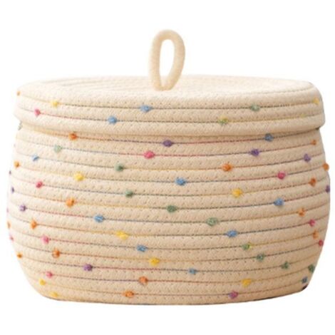 Panier en corde de coton - OKUMGGYJ - Forme ronde - Couleur beige - Grande capacité - Avec couvercle