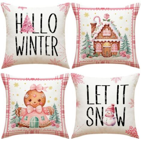 4 housses de coussin 45x45cm motif Noël, décoration de salon ou chambre, imprimé lettre et bonhomme en pain d'épice. (1/5)