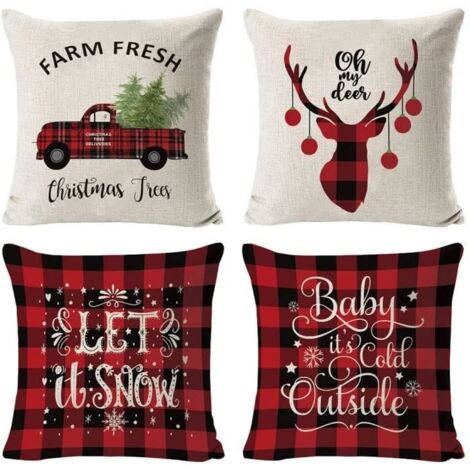 Housse de Coussin - Décoration de Noël - 4 pièces - Lin - 45x45cm - Motifs Traditionnels (1/4)