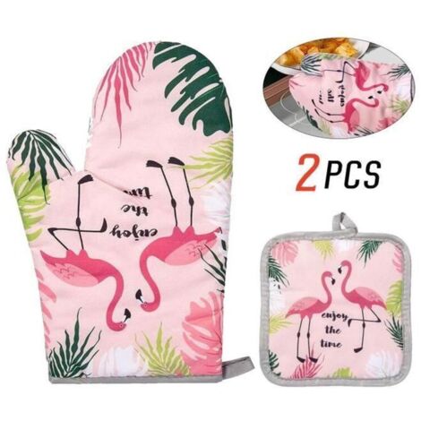 Gants de Cuisine Loveing - Mitaines Antidérapantes Résistantes à la Chaleur - 2 pièces - Rose Flamant (1/4)