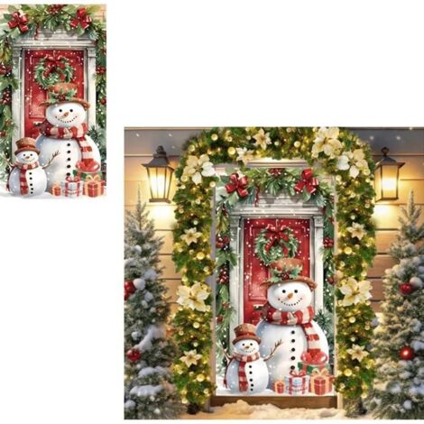 Décoration de Noël : Housse de Porte Bonhomme de Neige, Bannière de Porte Rouge et Verte pour Décor de Noël (1/5)