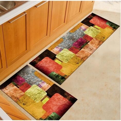 2 tapis de cuisine antidérapants en polyester, motif géométrie aquarelle, pour cuisine, bureau ou salle à manger - 40x60cm + 40x120c (1/4)