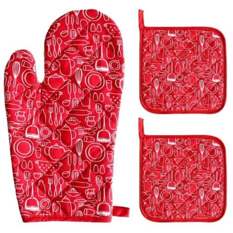Gants de Cuisine Loveing - Résistants à la Chaleur - Coton Rouge - 30x17cm - 2 Maniques Incluses (1/4)