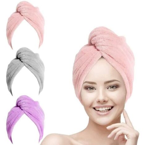 Serviette pour cheveux, 3 pièces, turban en microfibre super absorbant pour le séchage (Rose, Violet, Gris) (1/4)