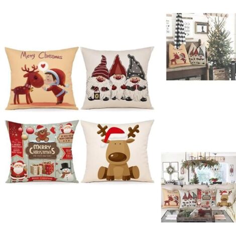 Housse de coussin Noël 45x45 cm - 4 pièces en coton et lin pour décorer chambre, canapé ou chaise. (1/5)