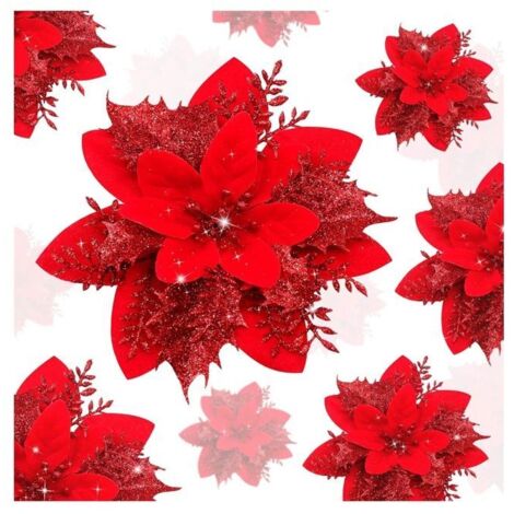 Fleurs de Noël Poinsettia, 10 pièces rouges pailletées, pour mariage, fête du Nouvel An, décoration de Noël (14 cm) (1/5)